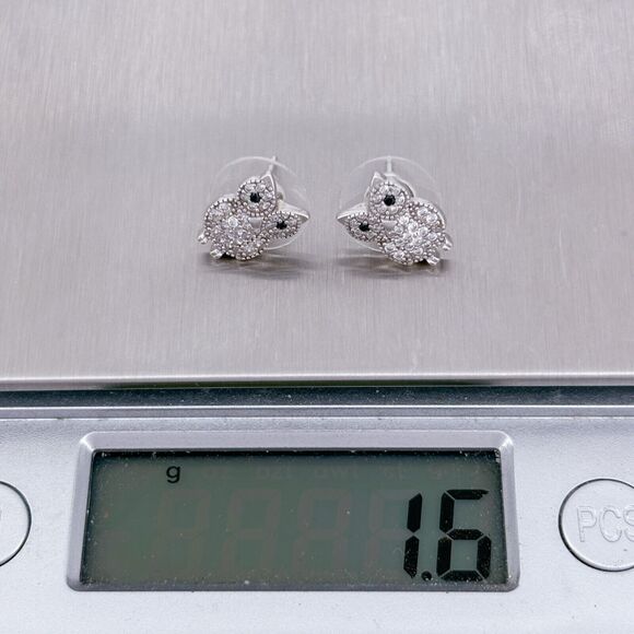 Vintage Sterling Silver 925 Cubic Zirconia 12.4mm Owl Stud Earrings - Picture 7 of 7